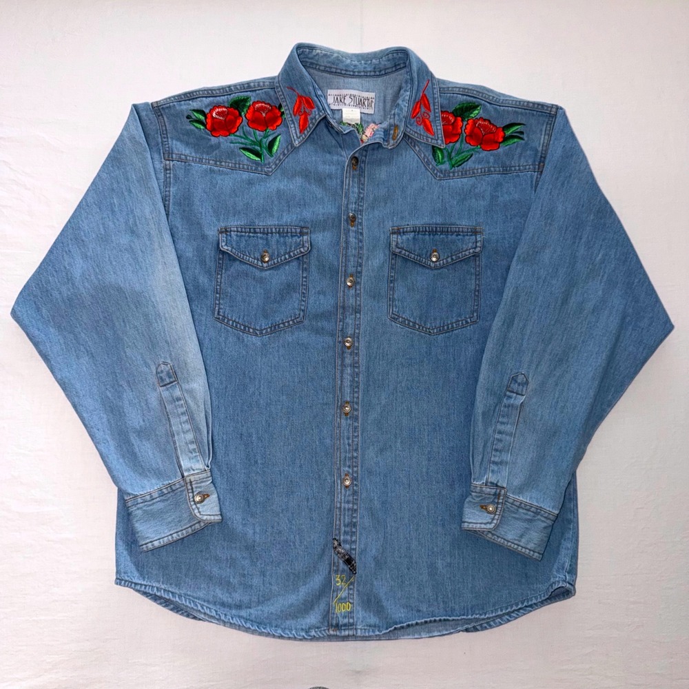 Jake Stuart Shirt Large Blue Denim Floral Bird Embroidered Western Button Up